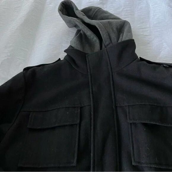Calvin Klein Men’s Zip/snap Black Pea Coat with Hood size L - Picture 8 of 9